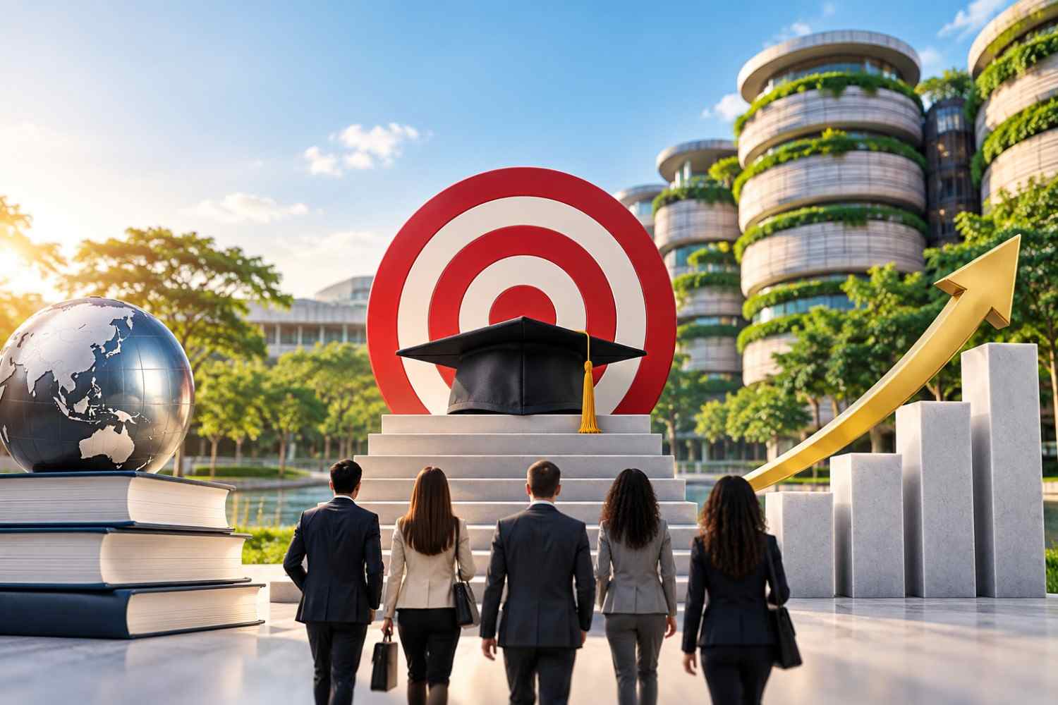 MBA applicants walking toward a graduation target with books, globe and rising growth chart, representing the competitive Nanyang MBA admissions process.